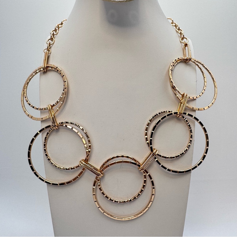 Gold Tone Geometric Circle Statement Necklace Modern Bold Boho
